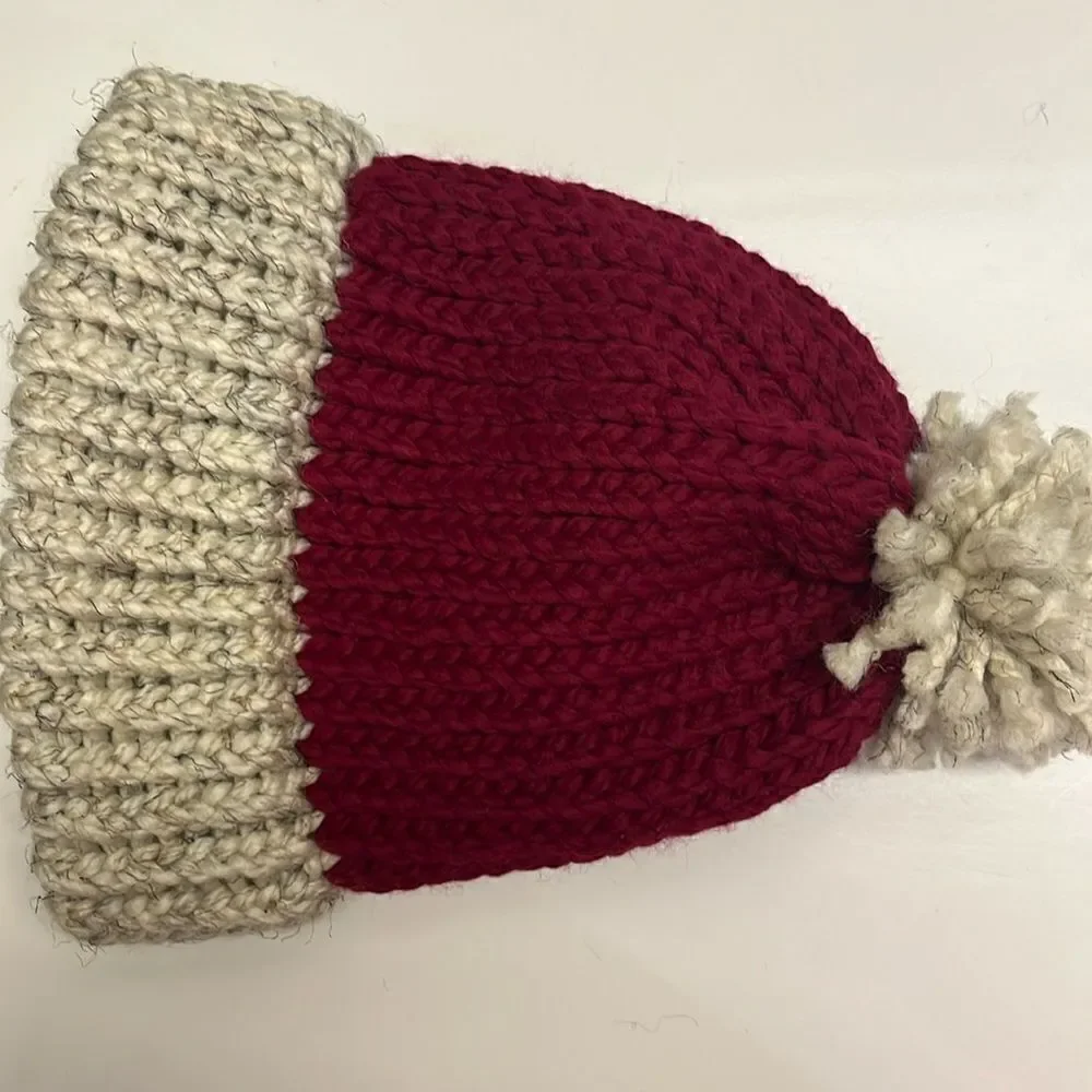 Homemade Wool & Acrylic Knitted Cranberry and Wheat Winter Hat Teen/Adult/Medium